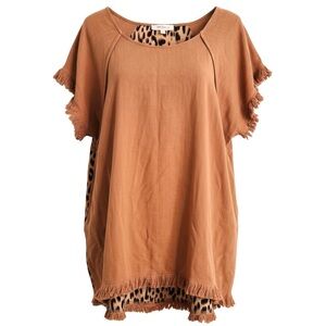 Umgee Size XL Fringe Top Camel Brown/Animal Print Linen Blend Short Sleeve